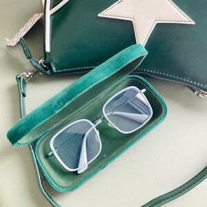 Green Velvet Eyewear Case with Light Blue Fashion Glasses